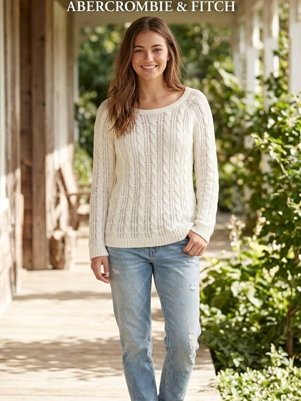 Abercrombie Kids Ivory Cable Scoop Neck Sweater Ptp 17"